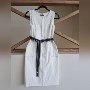 Tommy Hilfiger White Sleeveless Midi Dress with Navy Contrast Belt